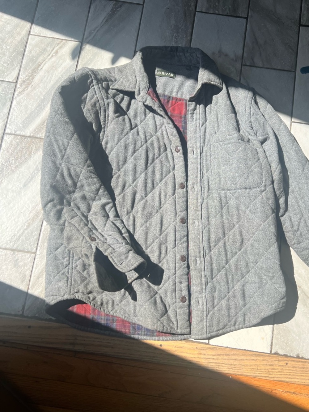 Orvis Gray Coat with Red Plaid Lining